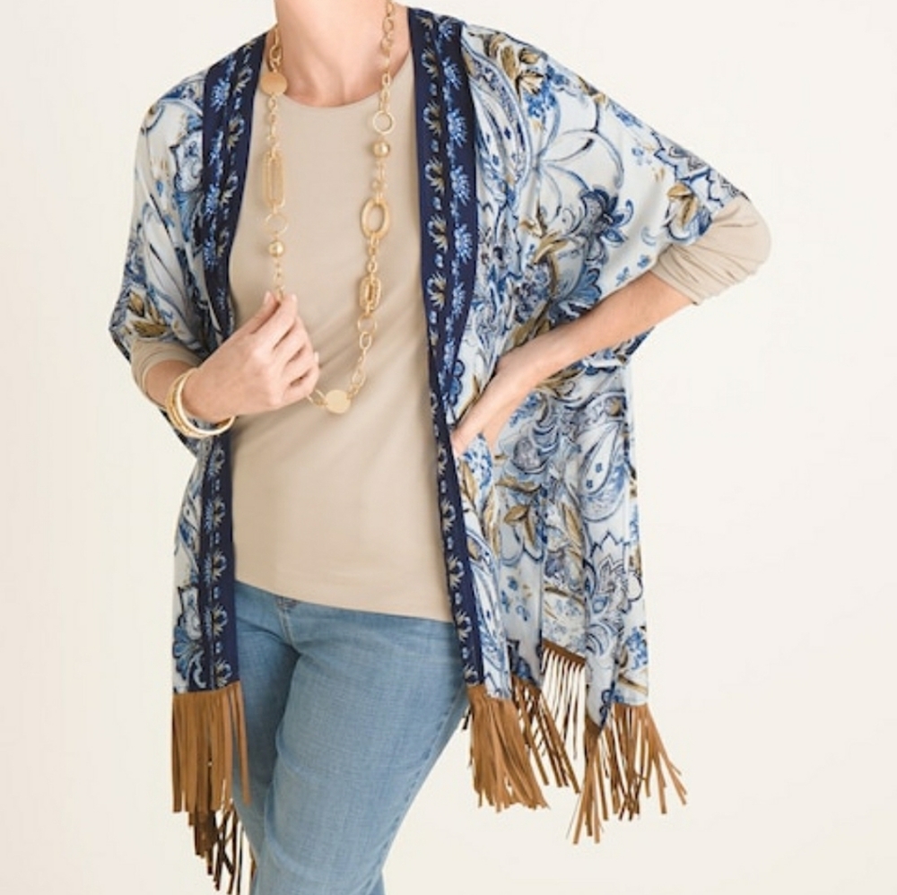 Chico's Blue Printed Ruana W/Faux Suede Fringe